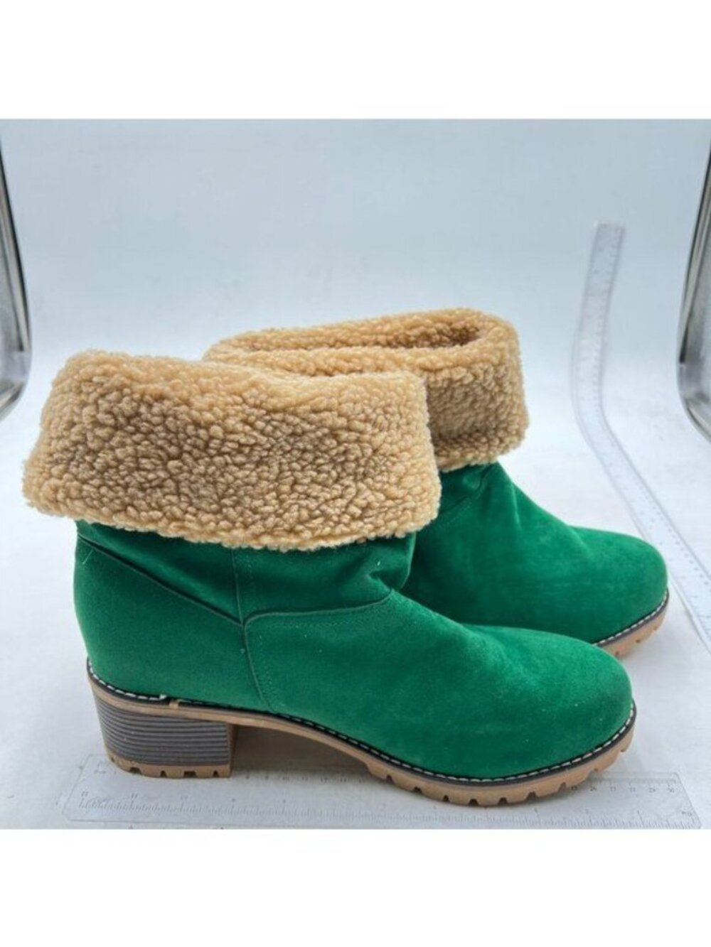 Green Winter Boots Comfortable Slip On Chunky Heel Suede Warm Snow Ankle Boots - Picture 3 of 7